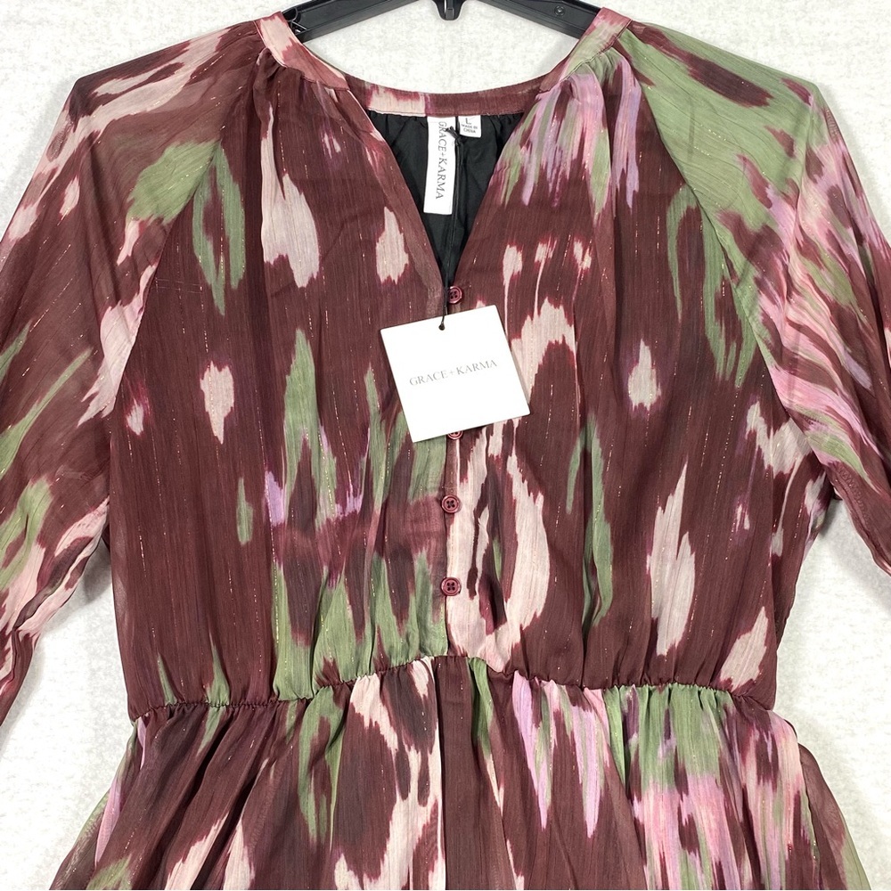 Grace + Karma Ikat Print Maxi Dress Women's L Burgundy Green Long Sleeve NWT - Picture 6 of 13